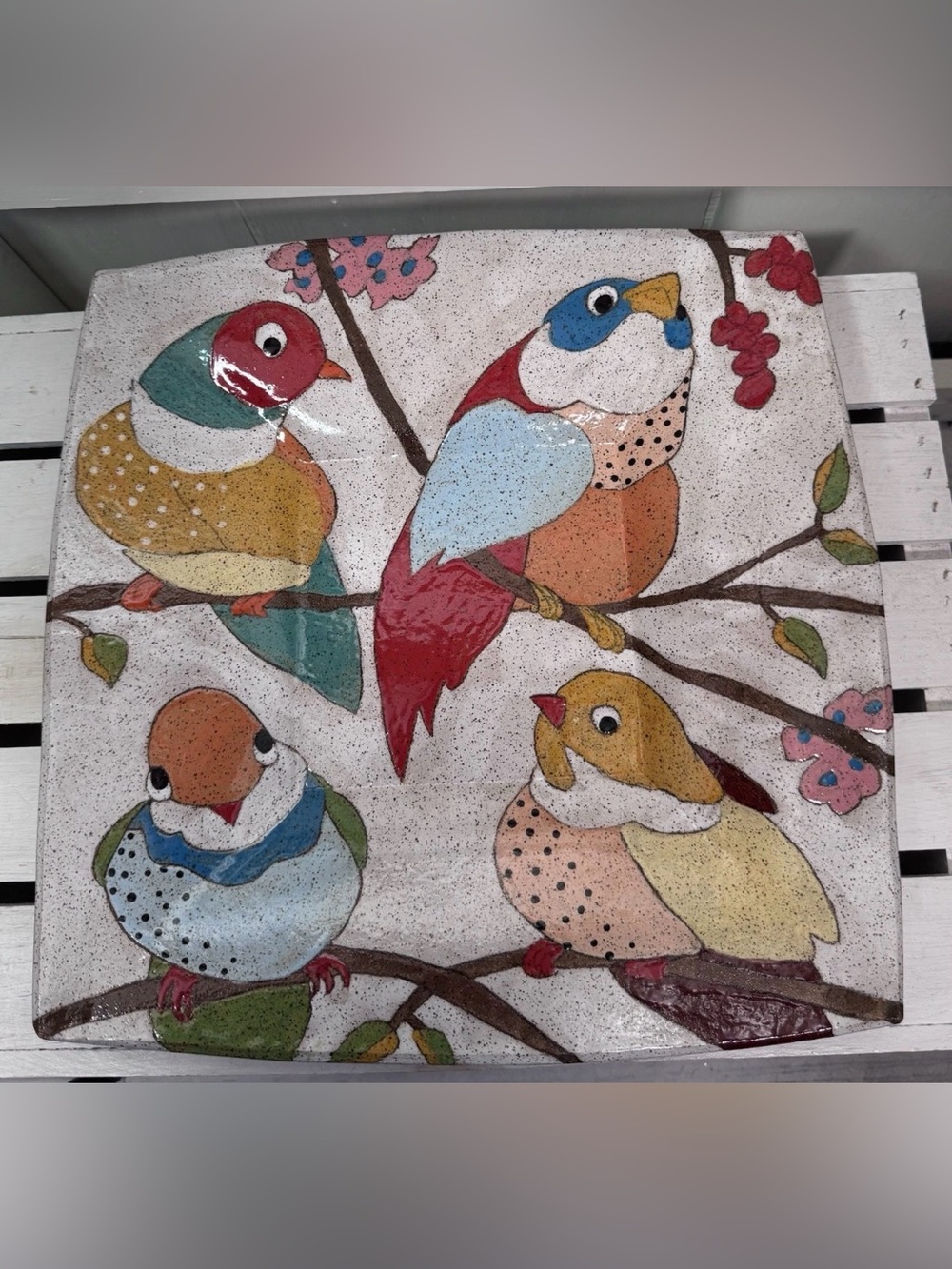 Three Wheel Studio Art Pottery Bird Platter 13”x13” Footed Signed Original New